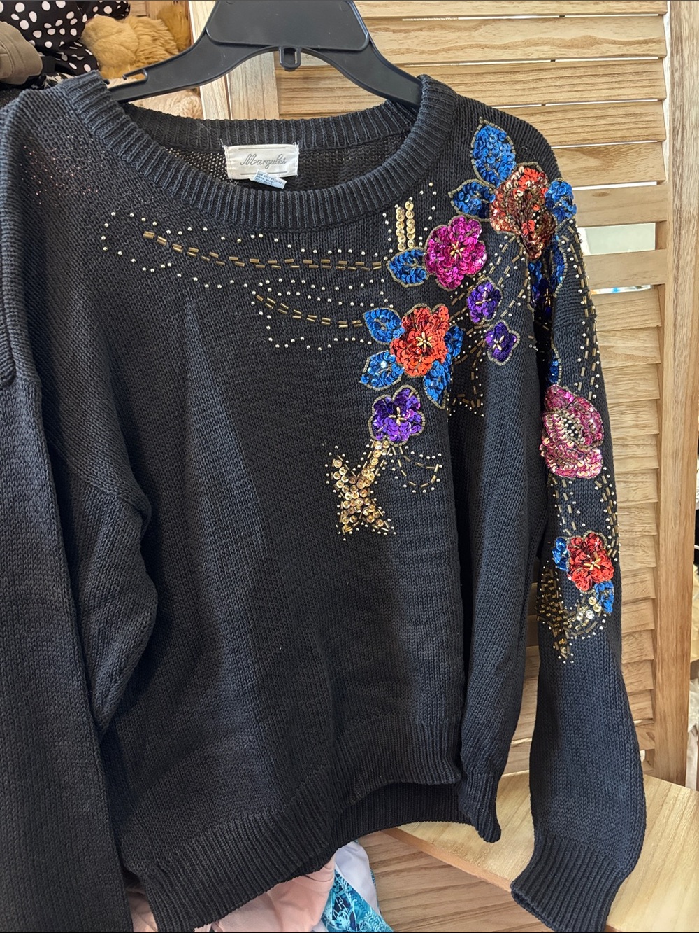 Embellished Black Floral Sequin Sweater - Large